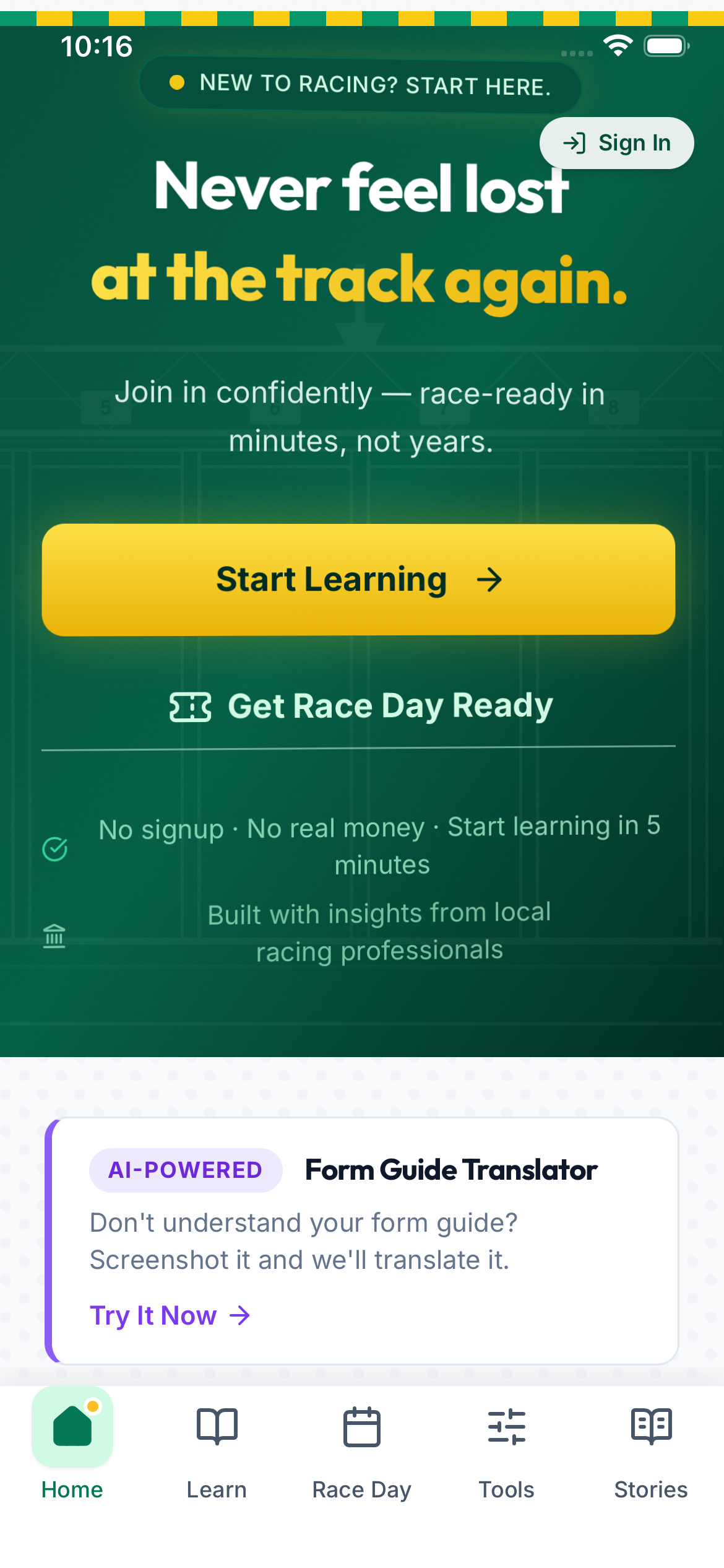 First Furlong app screenshot showing the homepage with racing education modules
