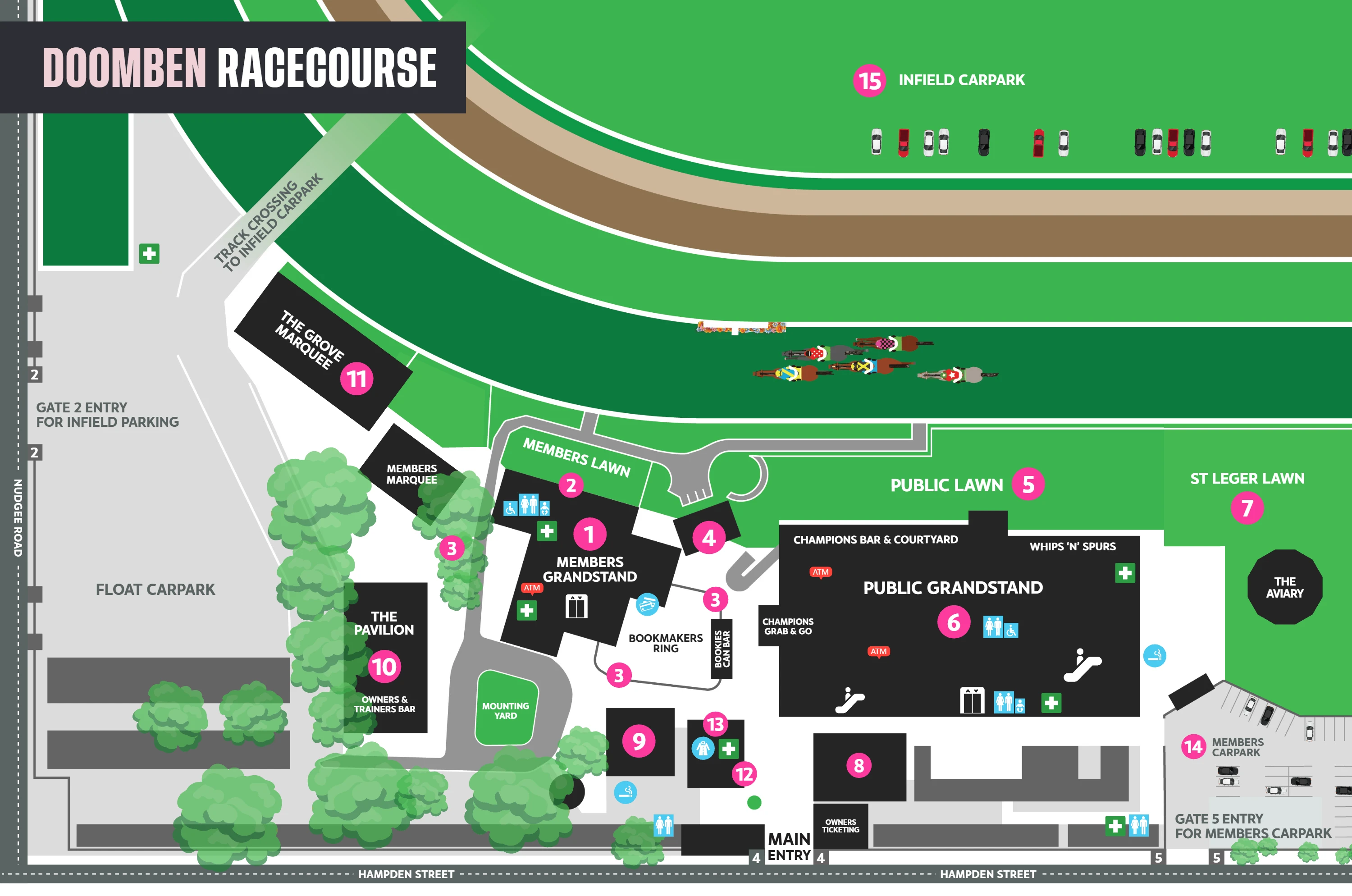 Doomben Racecourse venue map showing grandstands, bars, dining areas, lawns, entries, and amenities