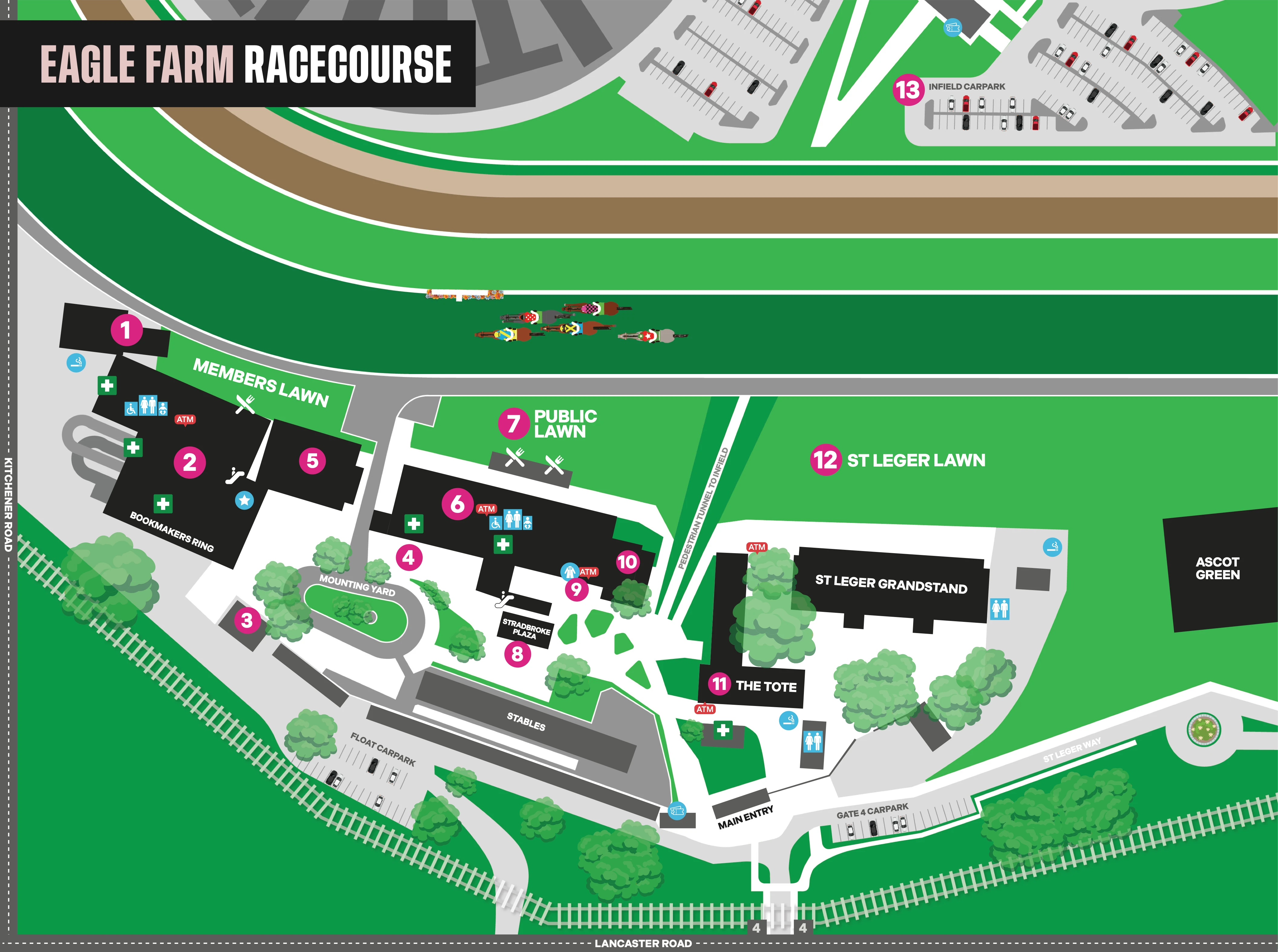 Eagle Farm Racecourse venue map showing grandstands, bars, dining areas, lawns, entries, and amenities
