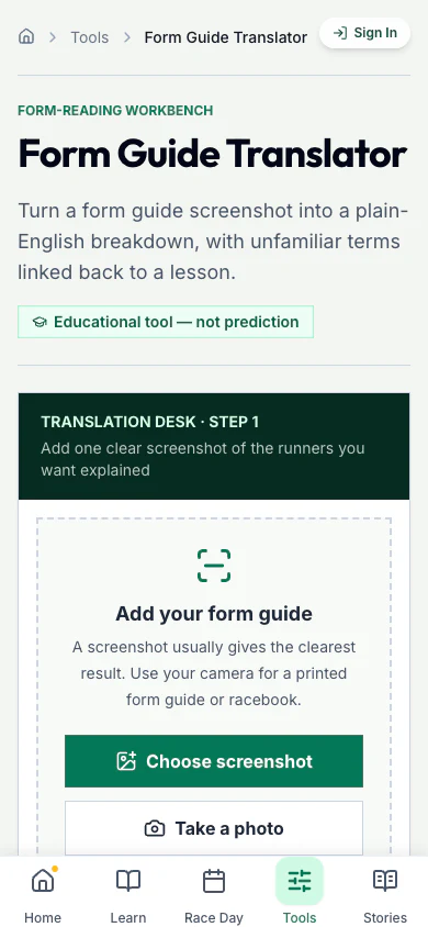 Form Guide Translator with screenshot and camera actions on a phone
