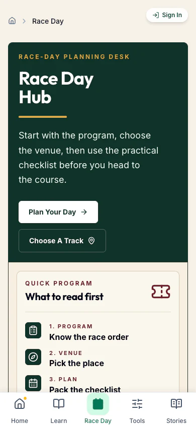 Race Day Hub planning desk on a phone